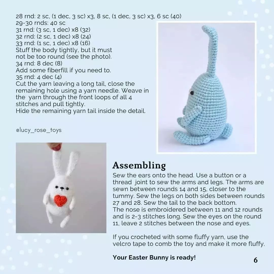 Rabbit crochet pattern with long ears and hearts on the belly