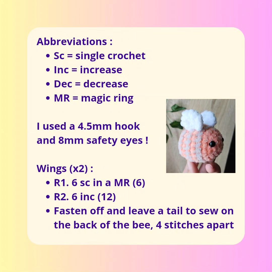 Small bee crochet pattern, white wings