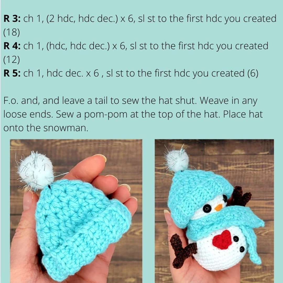 Snowman crochet pattern wearing a blue hat and blue scarf.