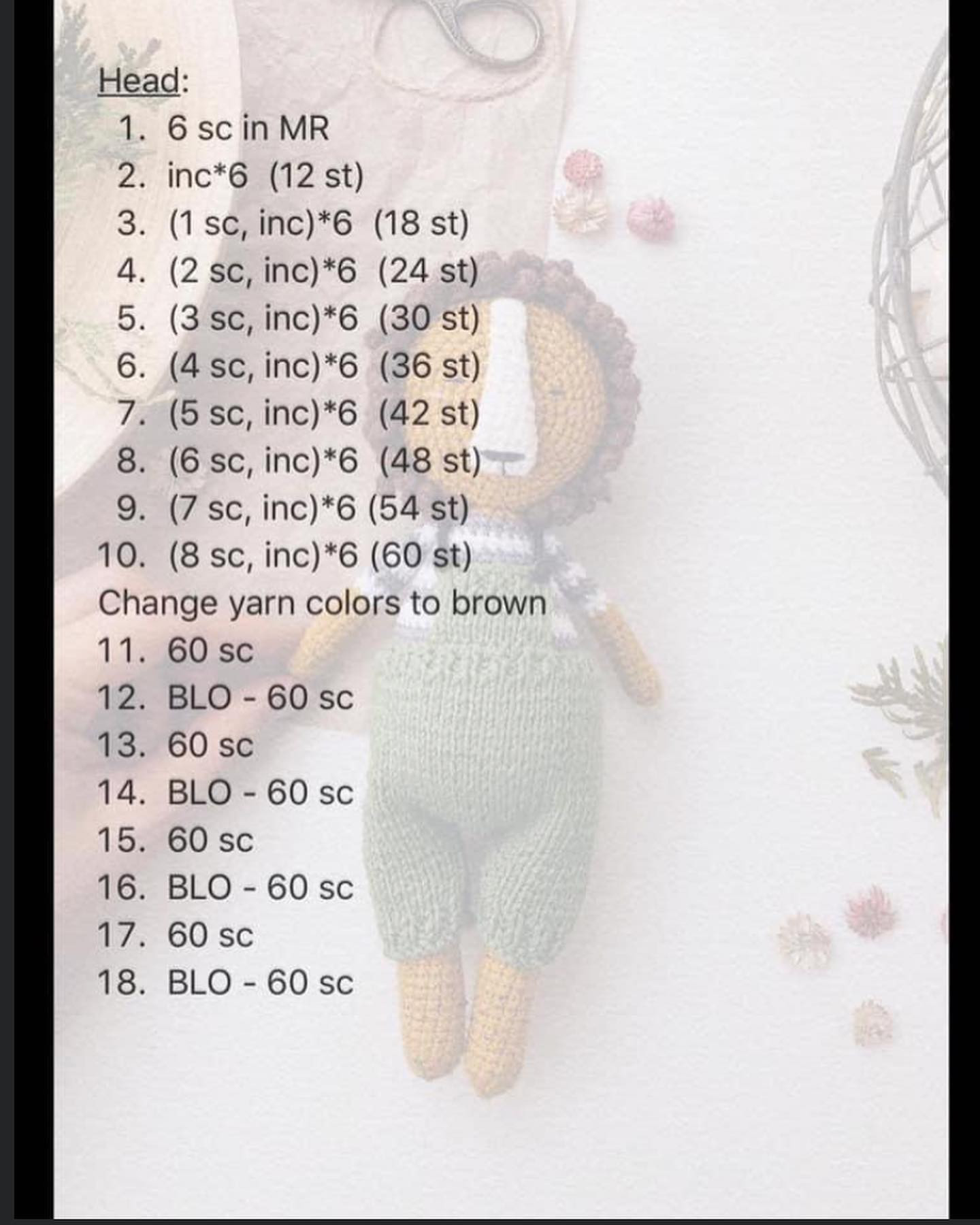 The bear crochet pattern wears blue overalls and a brown hat.