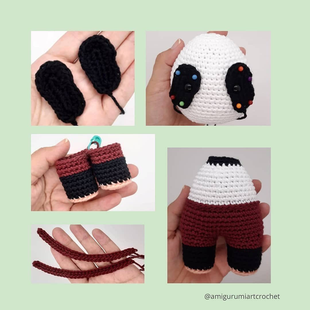 The panda crochet pattern wears overalls and wears a bow at the neck