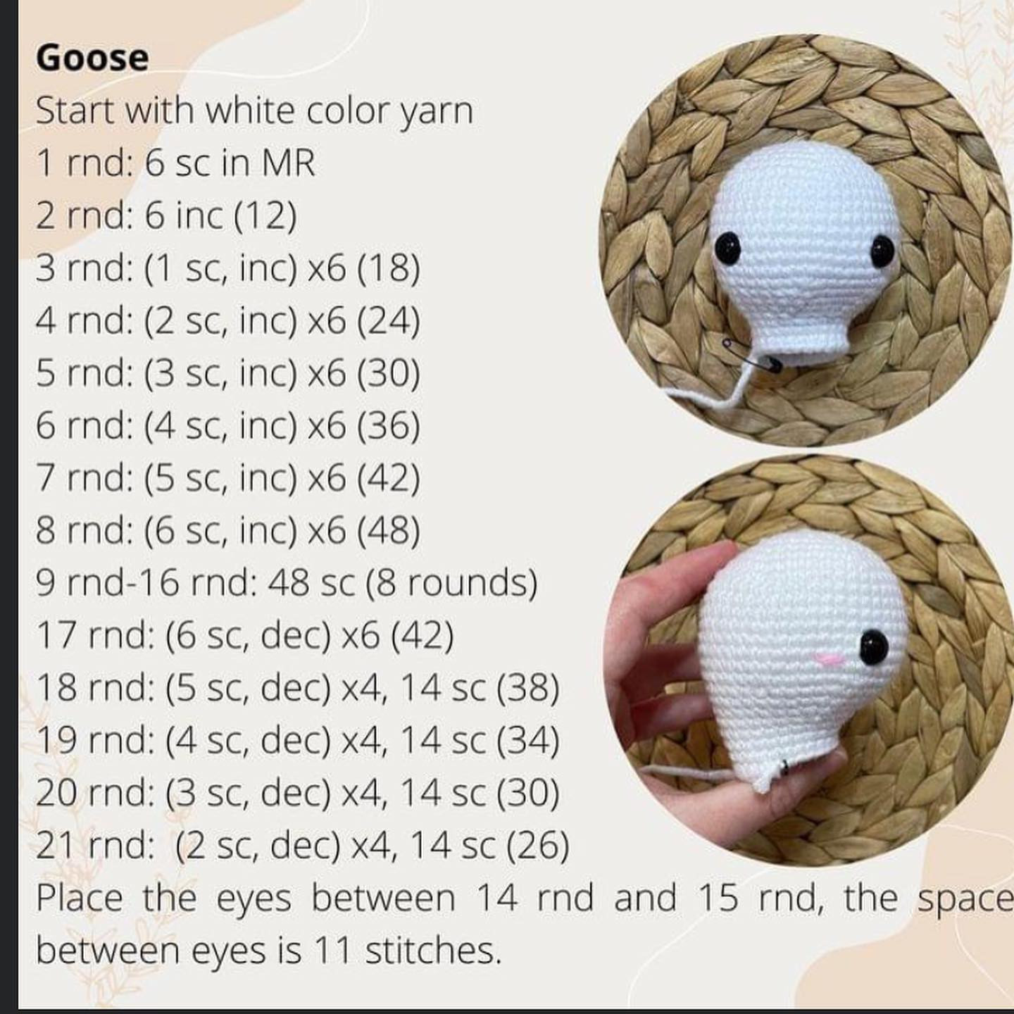 White goose wool crochet pattern with a brown hat.