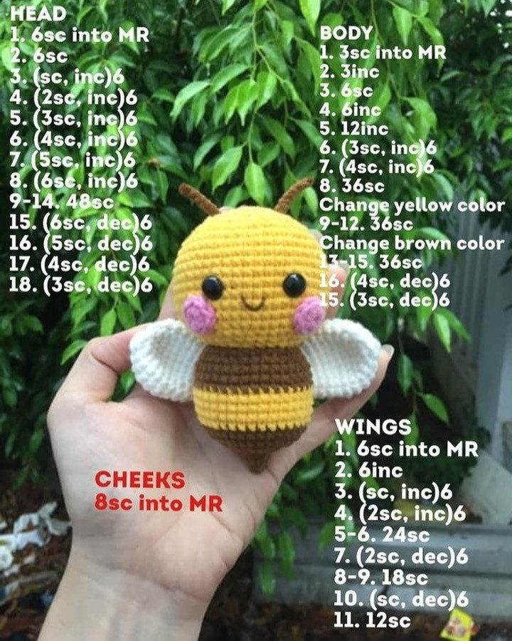 Yellow bee crochet pattern with brown stripes, white wings