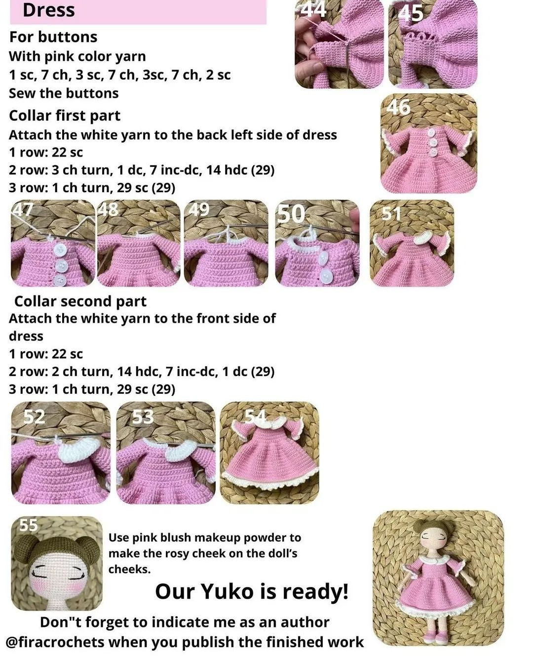 Yuko doll crochet pattern, brown hair, pink dress