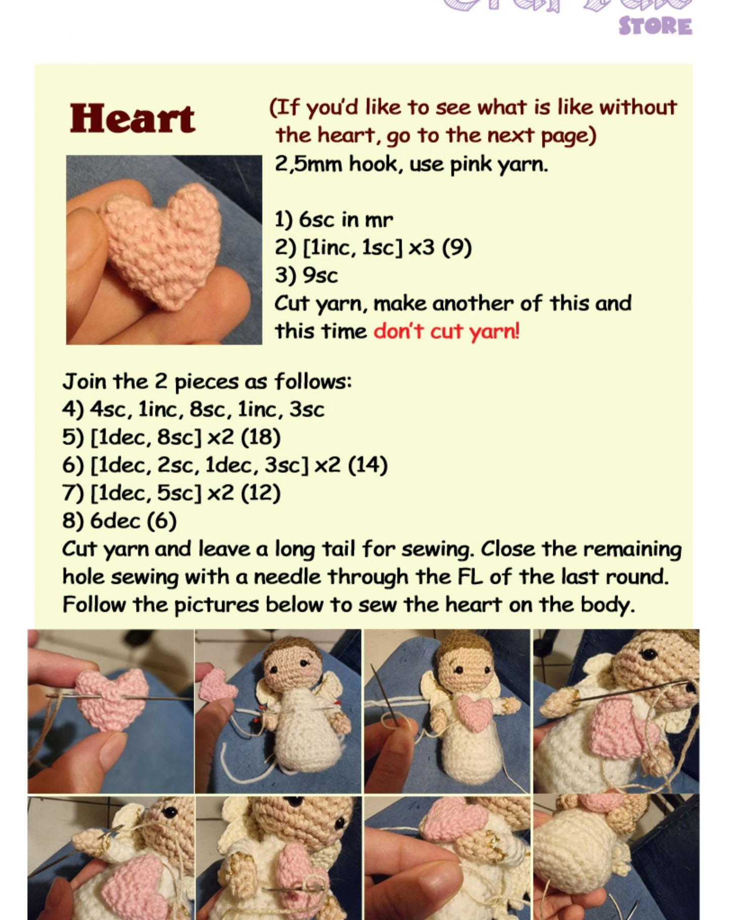 Angel crochet pattern holding hearts.