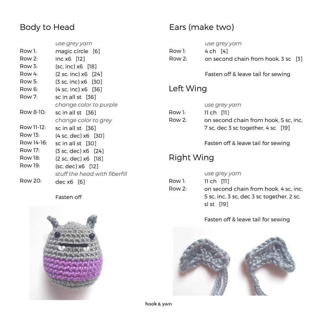 Bat wool crochet pattern with purple hat