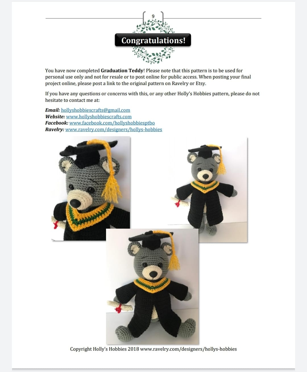 bear wearing graduation clothes crochet pattern