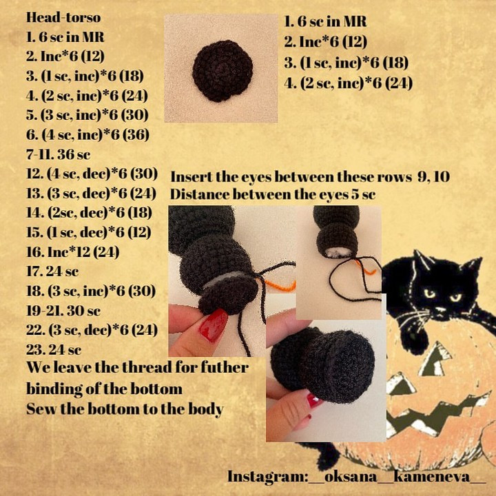 Black cat crochet pattern with magic hat