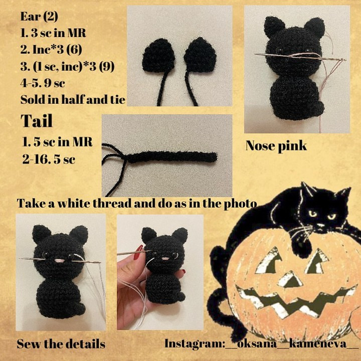 Black cat crochet pattern with magic hat