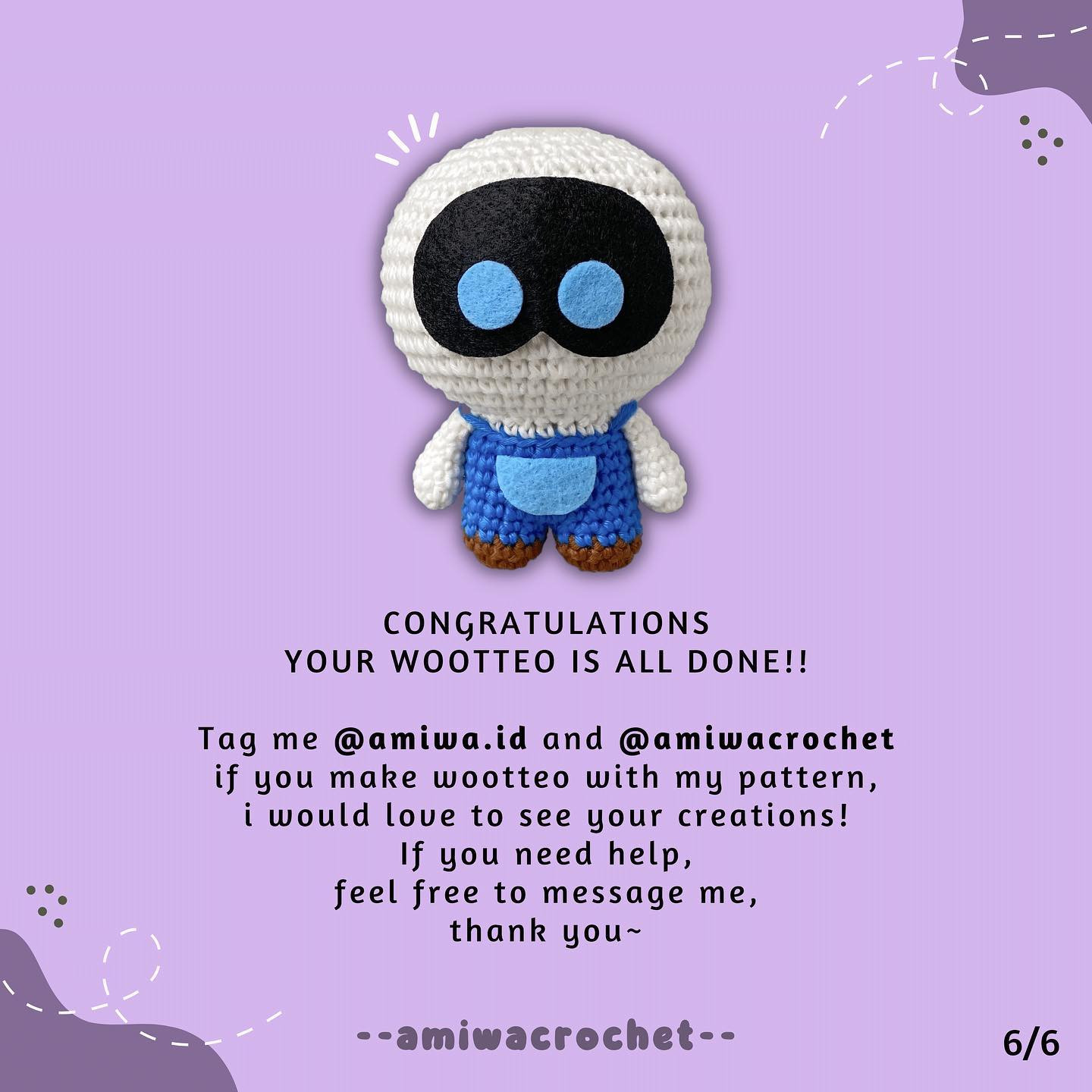 Blue-eyed robot crochet pattern, wearing blue overalls.