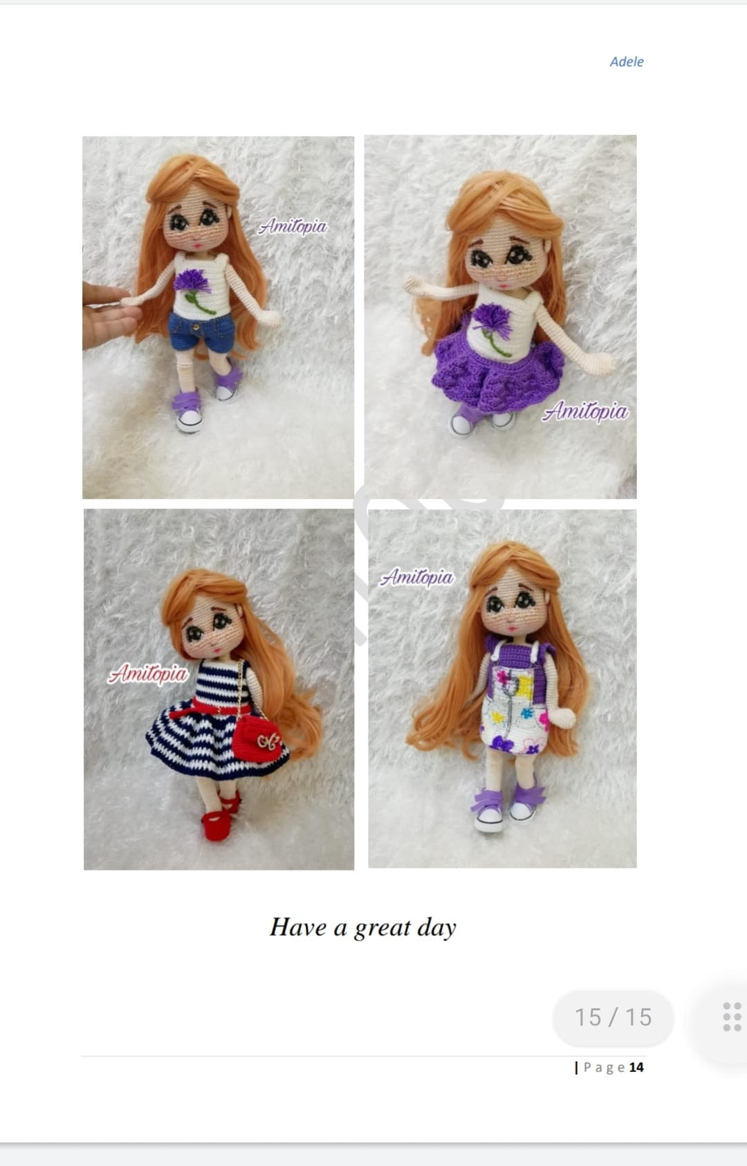 brown haired doll wearing purple crochet pattern