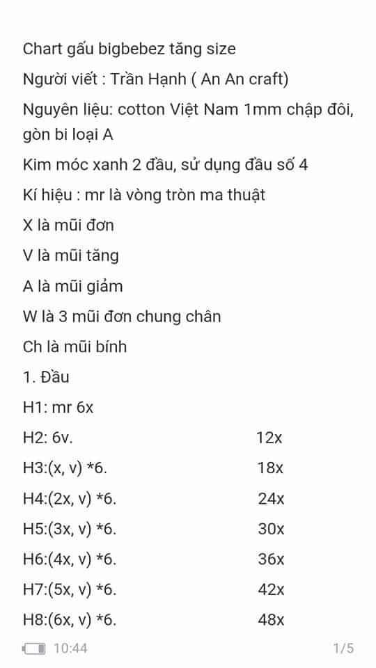 Chart móc len gấu bigbebez tăng size.