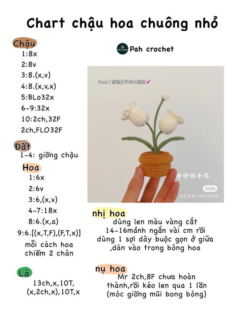 Chart móc len hoa hồng, Hoa hướng dương, Hoa chuông nhỏ, chậu hoa chuông, chậu hoa tulip