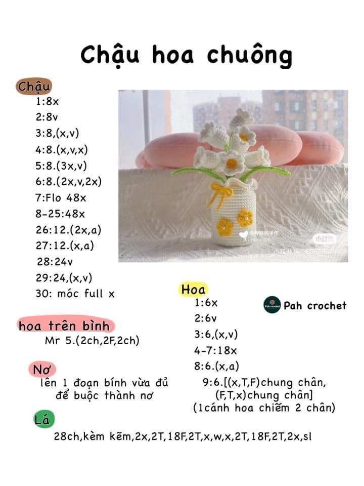 Chart móc len hoa hồng, Hoa hướng dương, Hoa chuông nhỏ, chậu hoa chuông, chậu hoa tulip