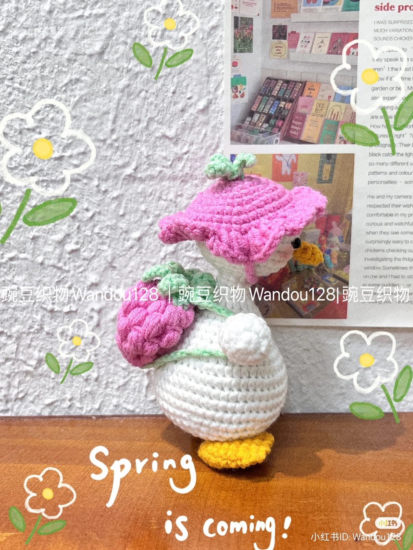 crochet pattern duck wearing a raspberry backpack.