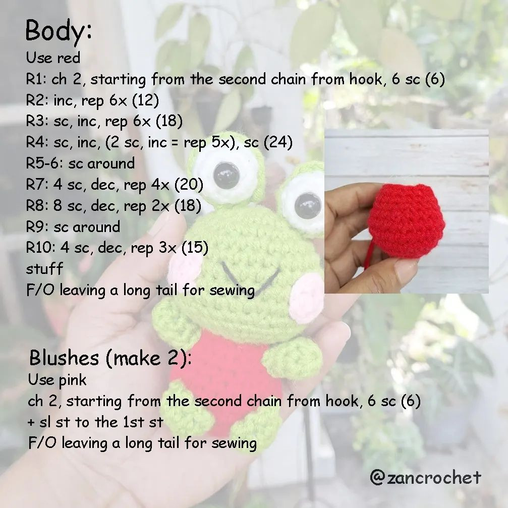 Crochet pattern green frog in red shirt