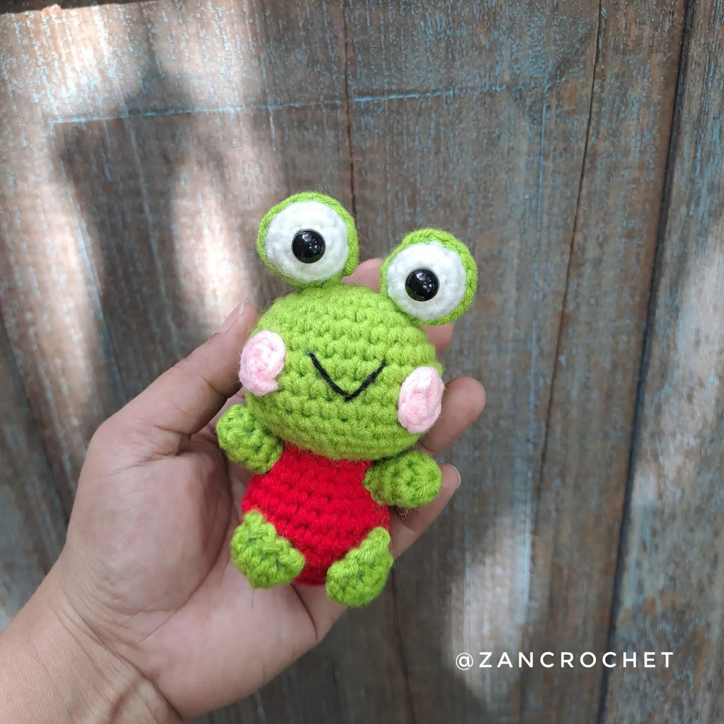 Crochet pattern green frog in red shirt