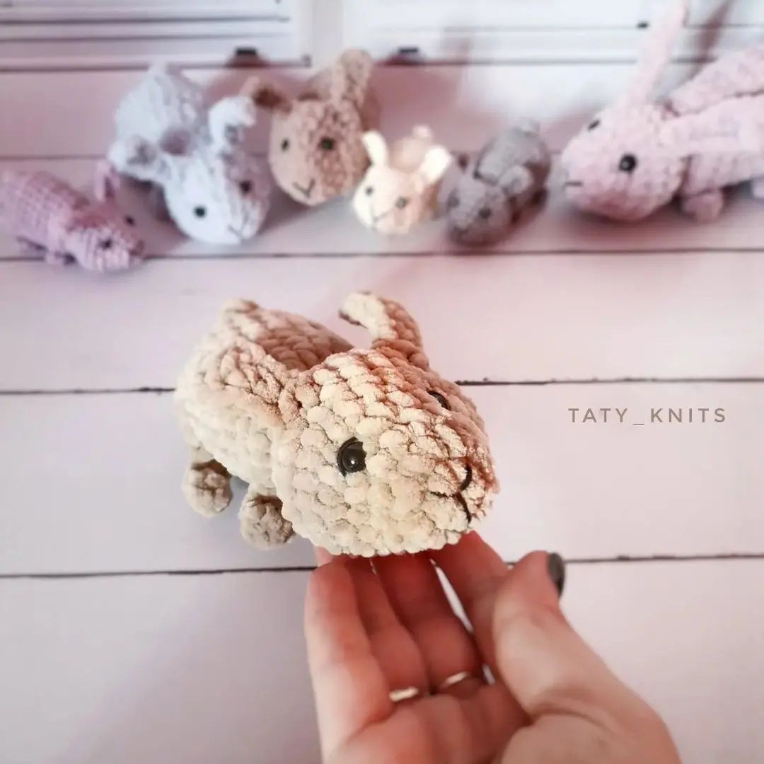 Crochet pattern pink rabbit, white rabbit, brown rabbit.