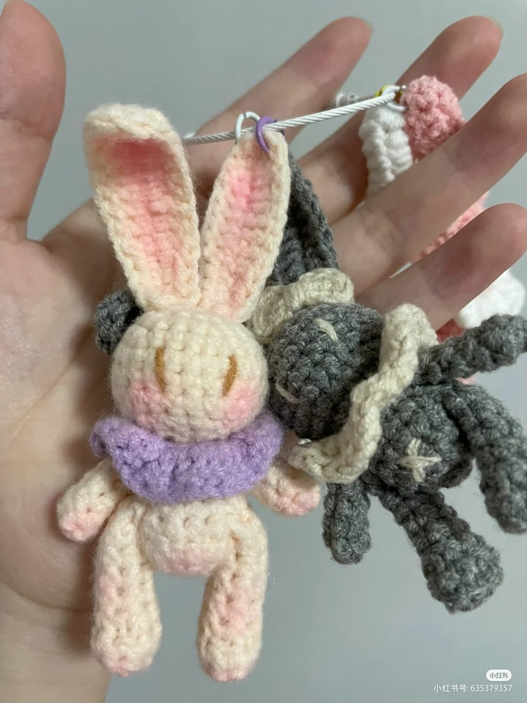 crochet pattern rabbit keychain long ears, scarf neck.