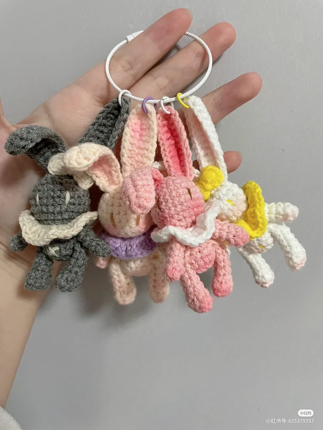 crochet pattern rabbit keychain long ears, scarf neck.