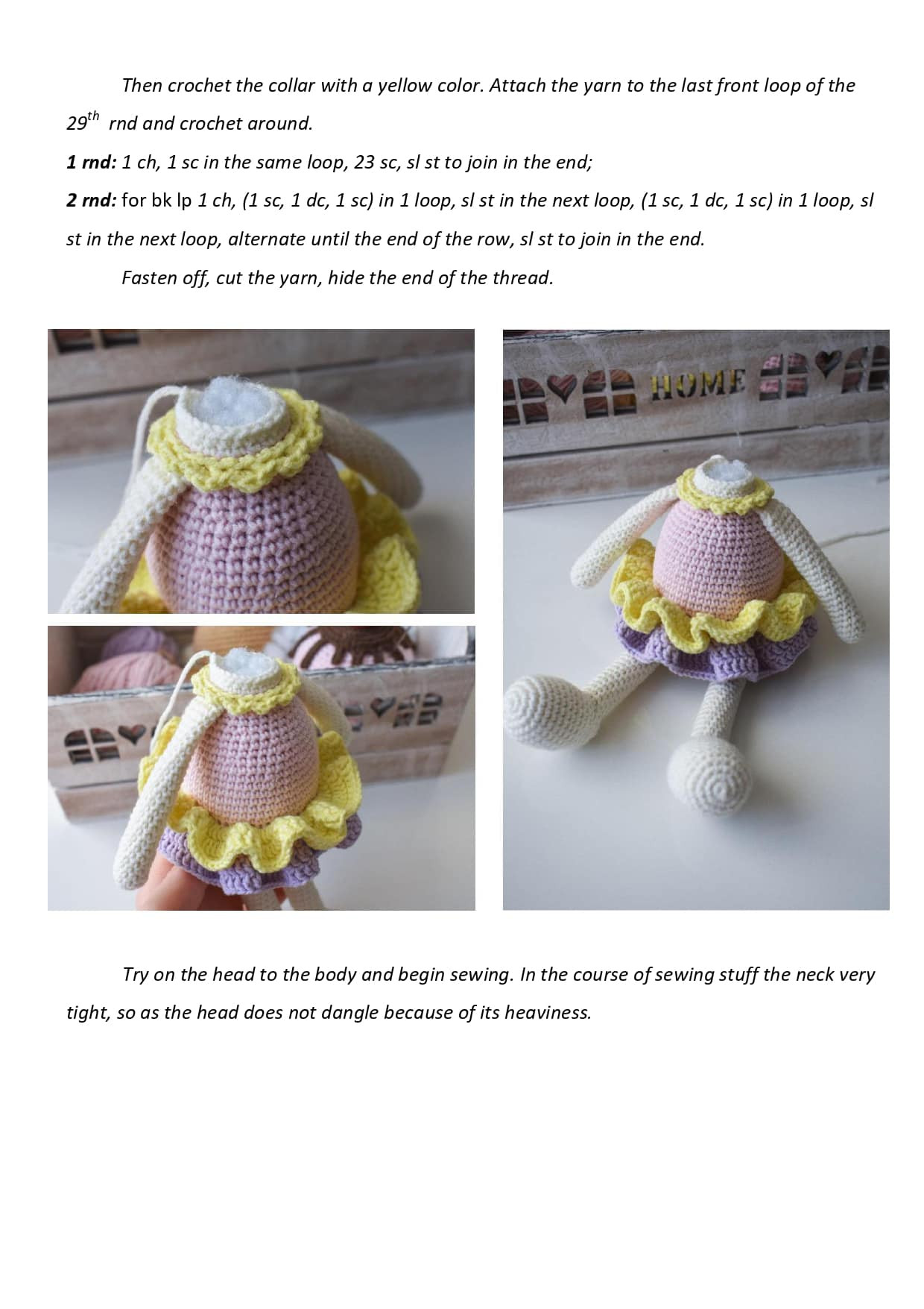 crochet pattern white rabbit, wearing yellow dress.