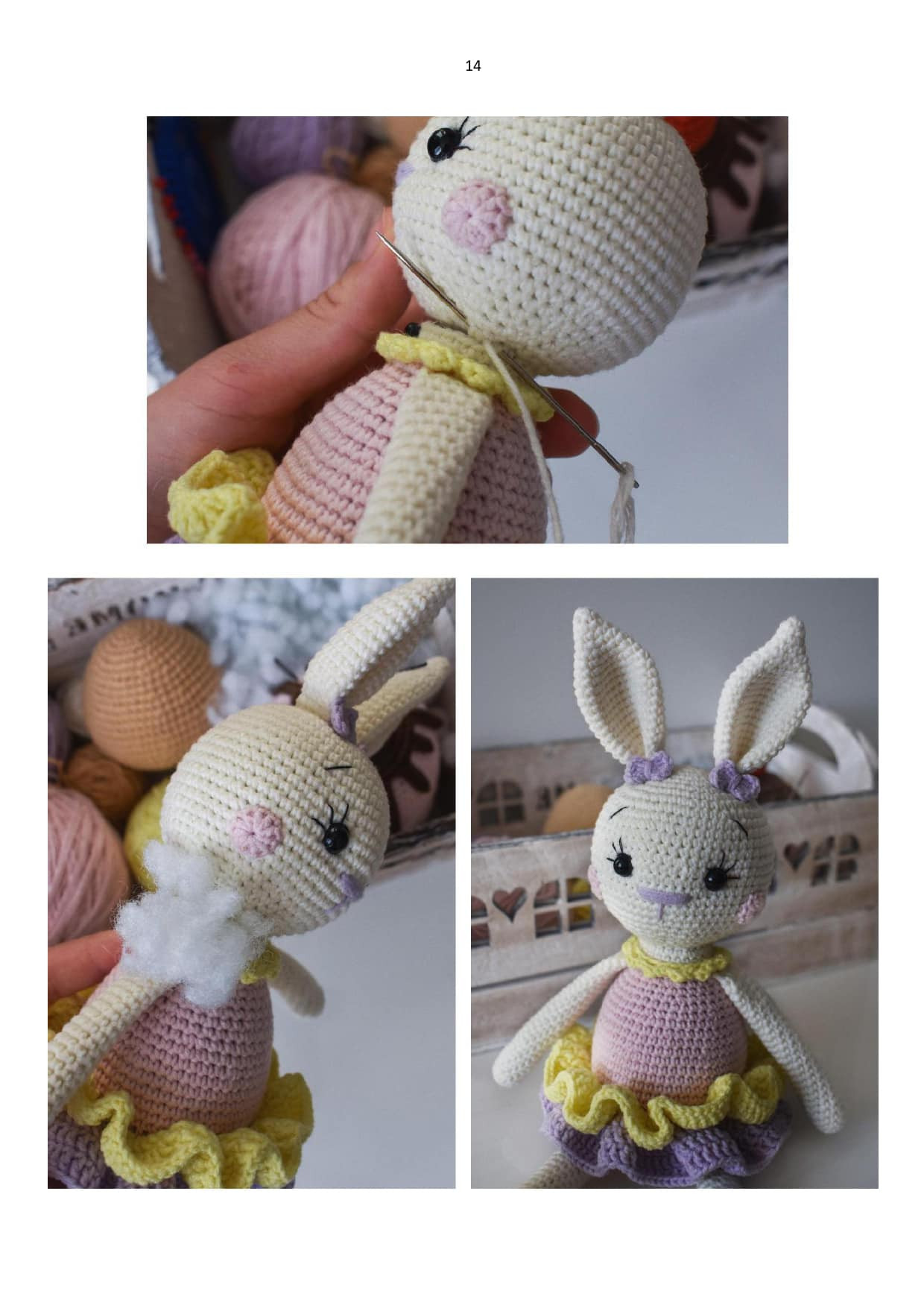 crochet pattern white rabbit, wearing yellow dress.