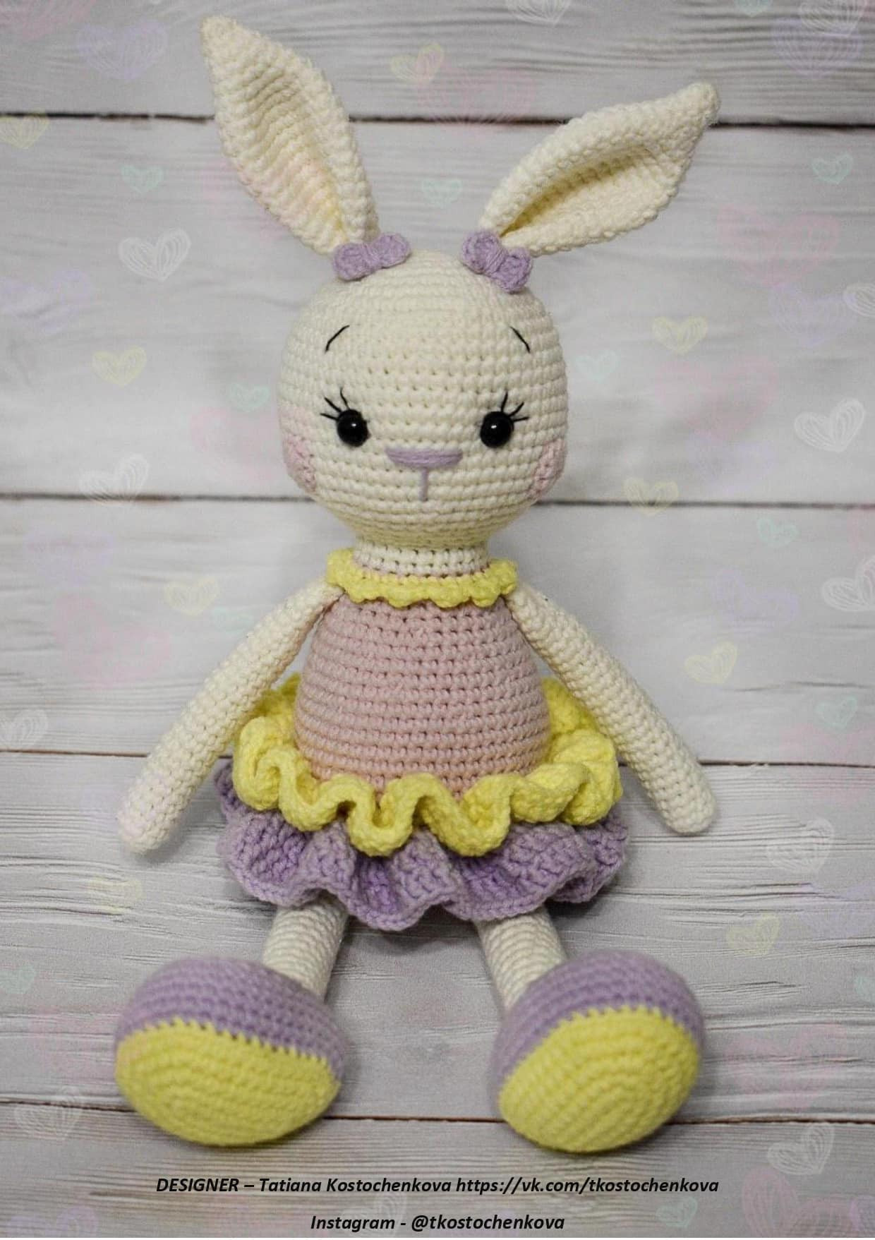 crochet pattern white rabbit, wearing yellow dress.