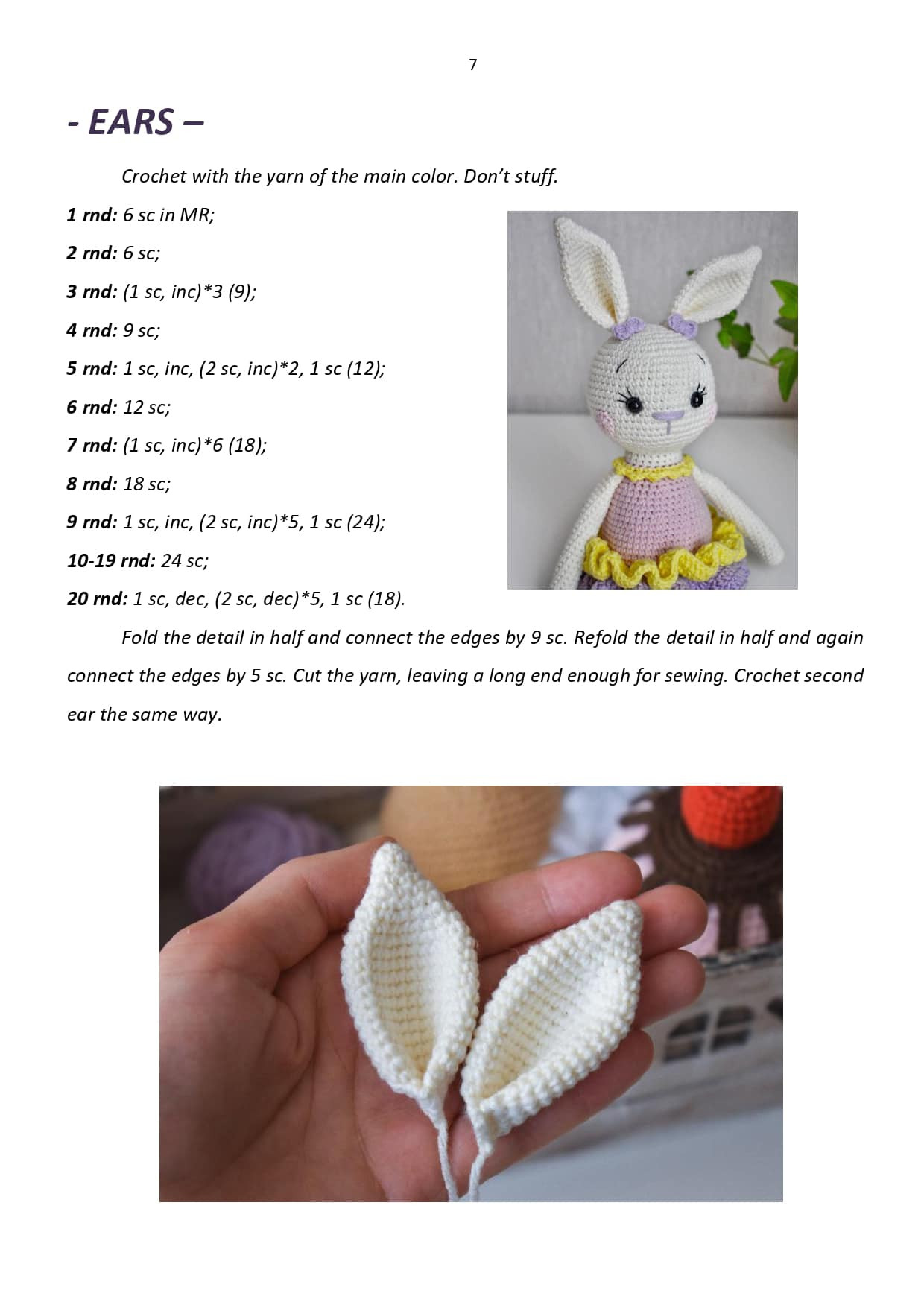 crochet pattern white rabbit, wearing yellow dress.