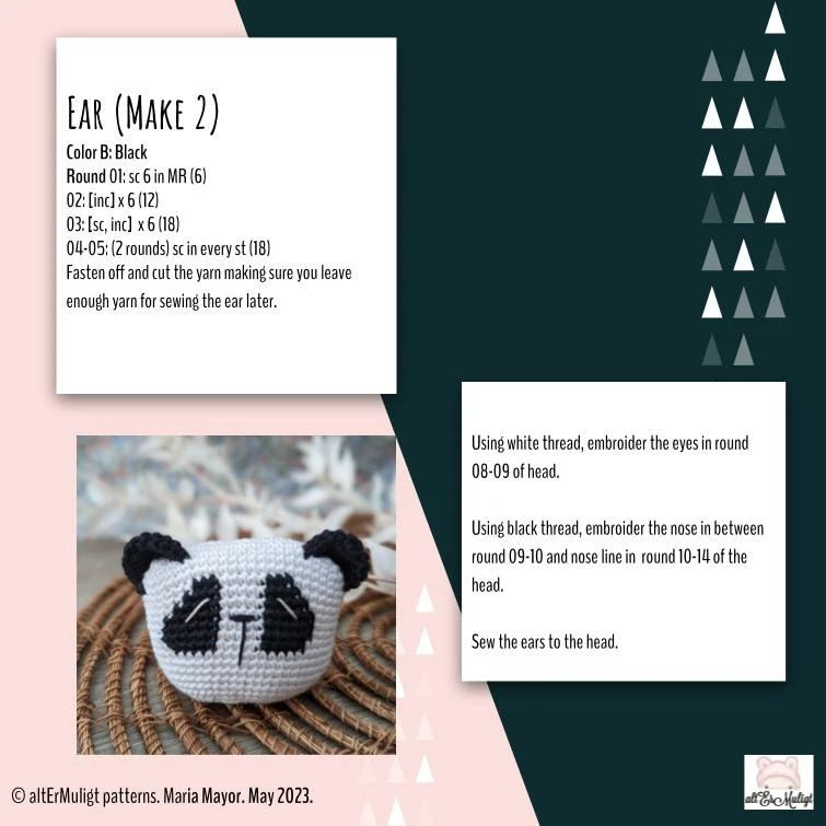 Crochet pattern with panda head, black eyes.