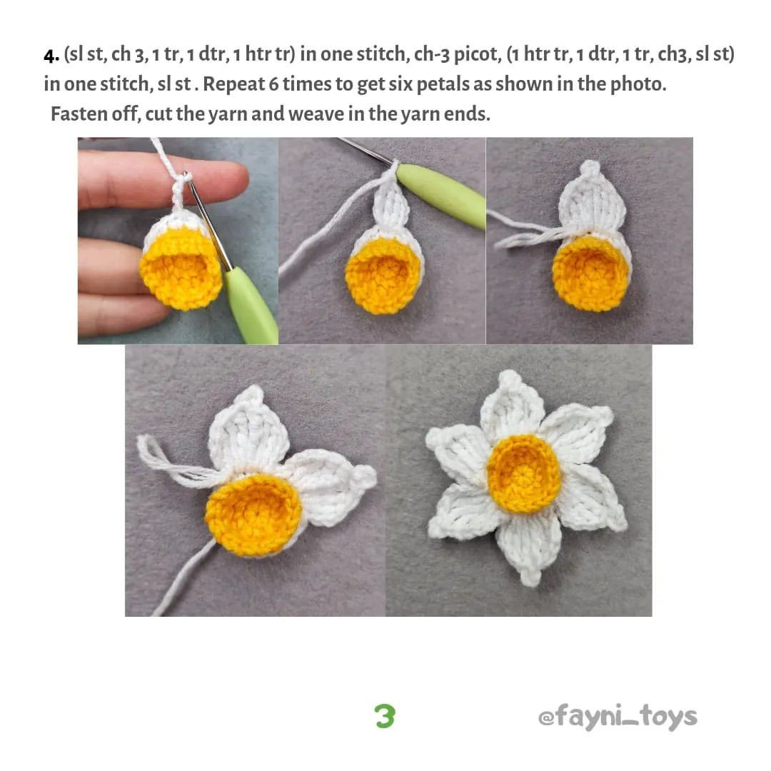 Crochet pattern with white five-petaled flowers, yellow stamens.