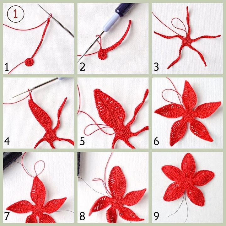 crochet red five-petaled flower