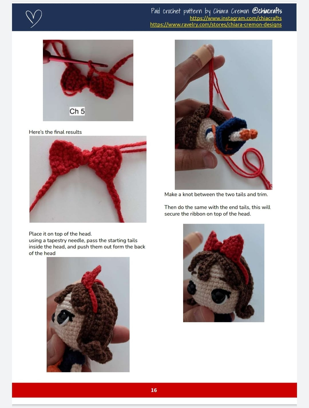 doll keychain with red bow crochet pattern