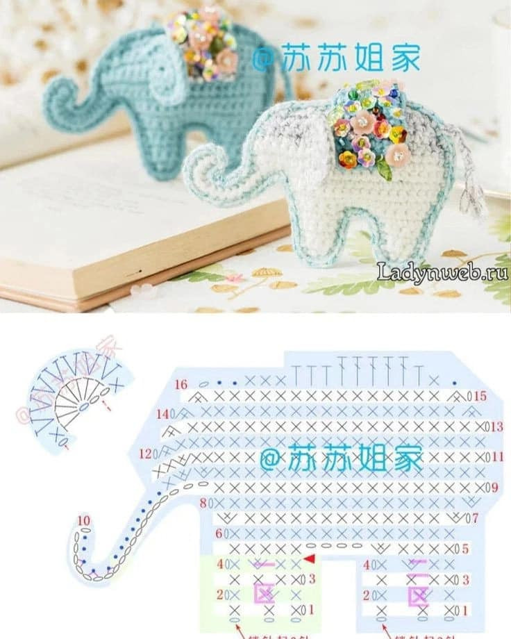 eight crochet pattern horse dog, deer, elephant, square bag.