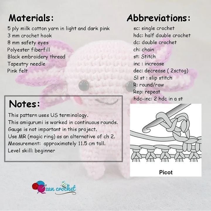 free crochet pattern axolotl, pink fin