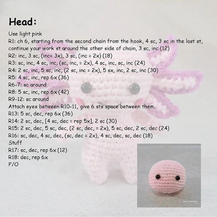 free crochet pattern axolotl, pink fin