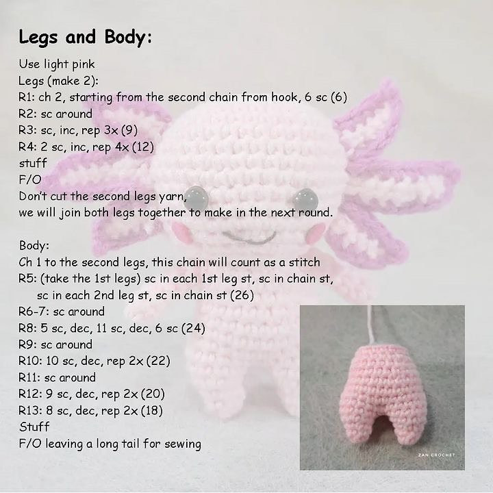 free crochet pattern axolotl, pink fin