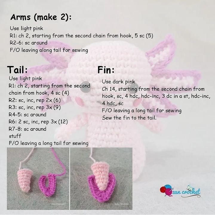 free crochet pattern axolotl, pink fin