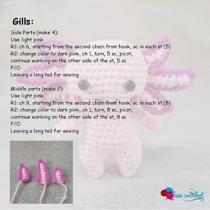 free crochet pattern axolotl, pink fin