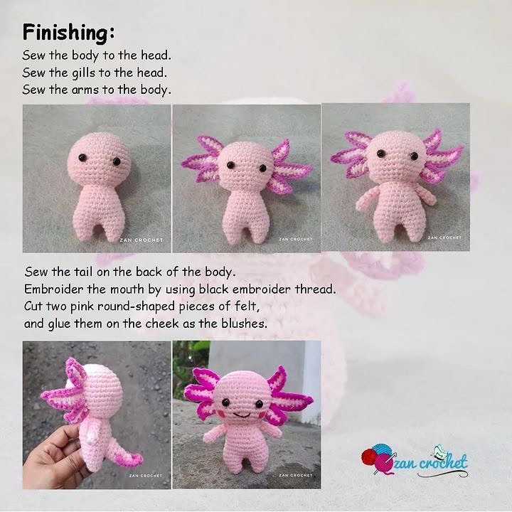 free crochet pattern axolotl, pink fin