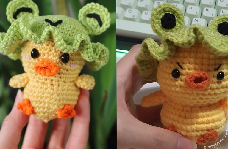 Free crochet pattern duck wearing frog hat