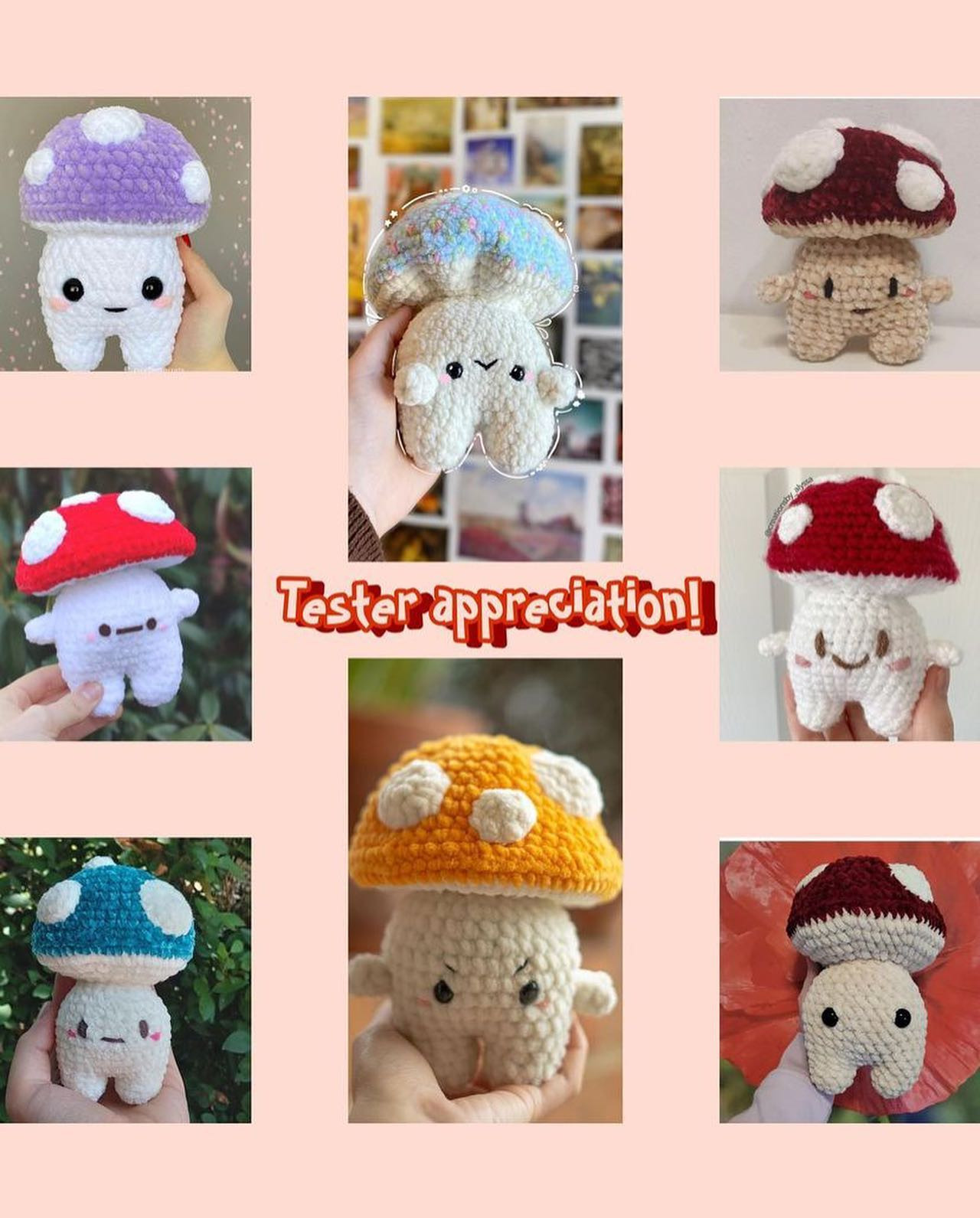 free crochet pattern mushroom purple hat, red hat, white spots