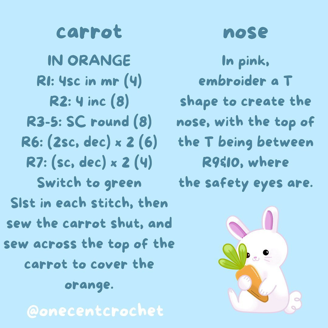 free crochet pattern rabbit with floppy ears, hand holding carrot