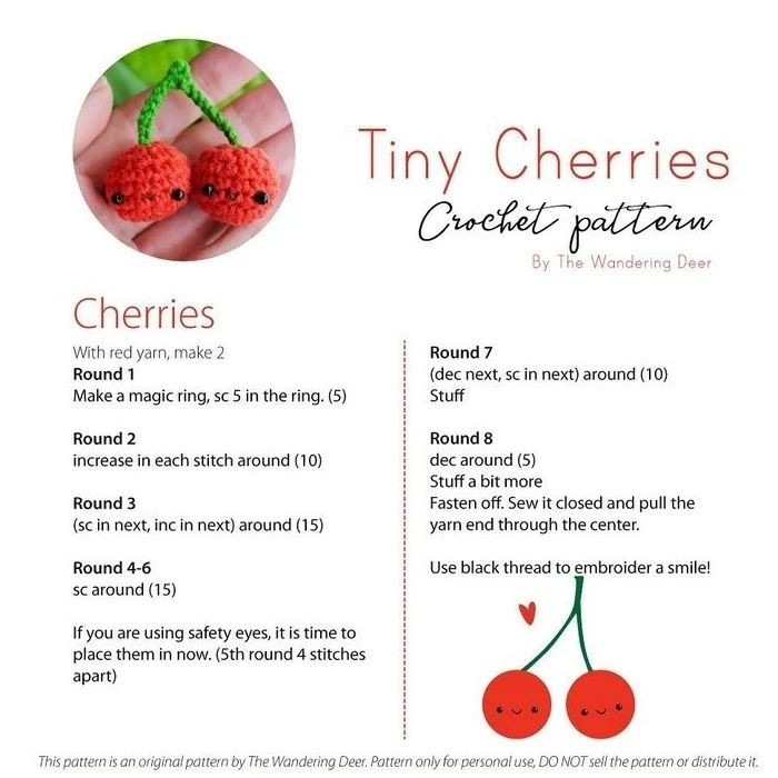 Free crochet pattern red cherries, blue stem