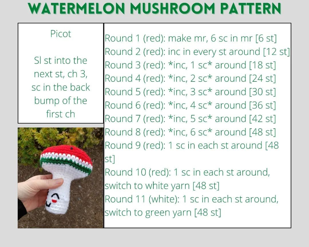 free crochet pattern red hat mushroom with white body.