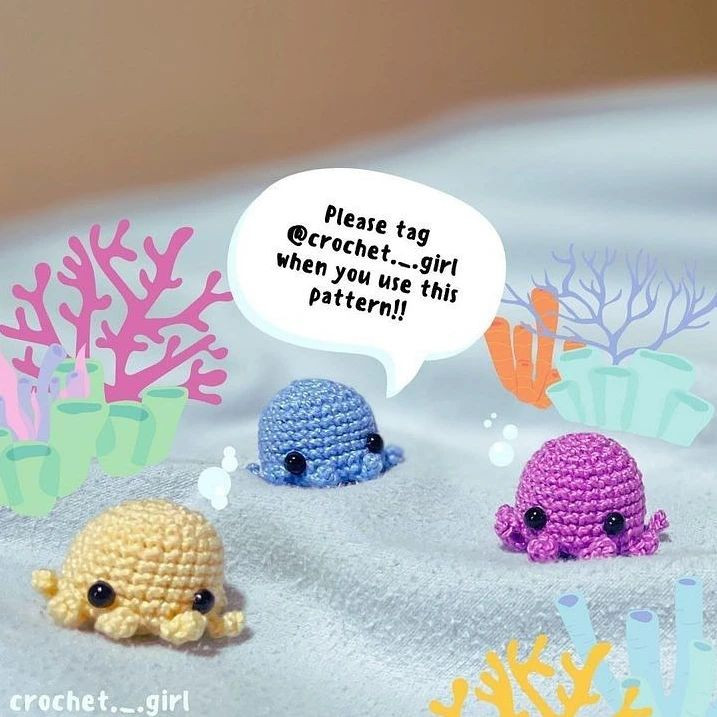 free crochet pattern yellow octopus, blue octopus, purple octopus