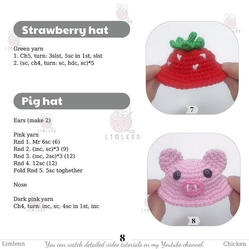 free pattern chicks wearing pig hats, strawberry hats, frog hats and rabbit hats.