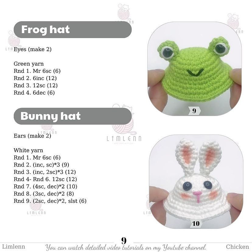 free pattern chicks wearing pig hats, strawberry hats, frog hats and rabbit hats.