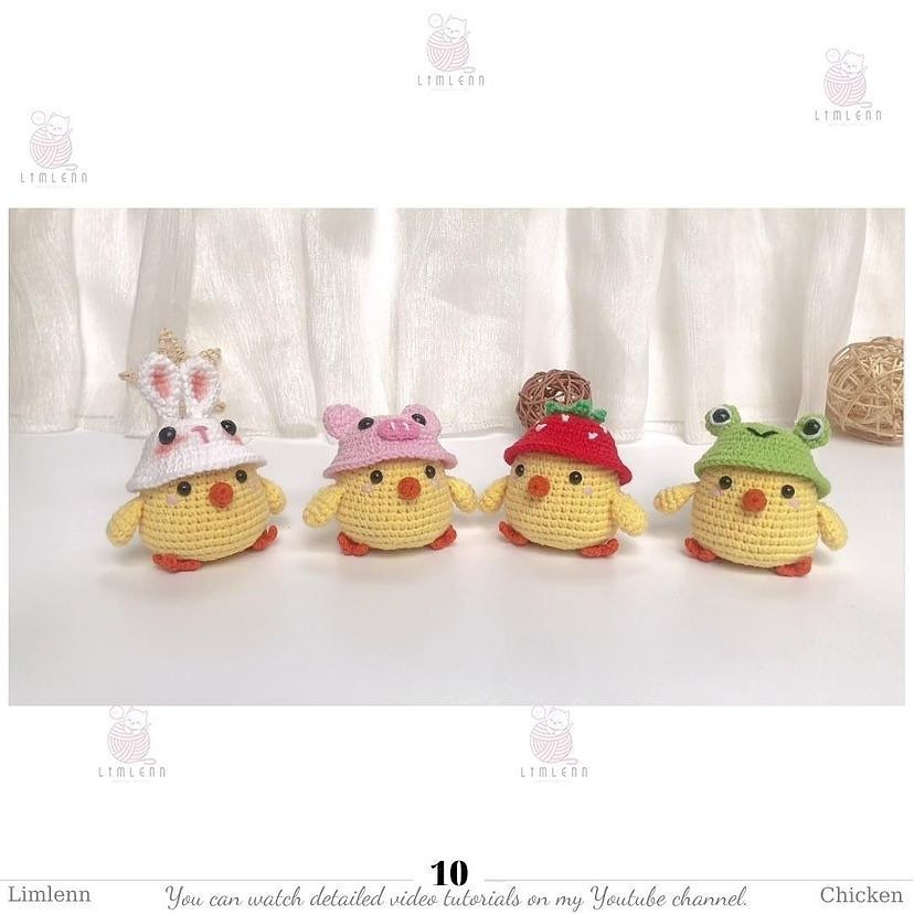 free pattern chicks wearing pig hats, strawberry hats, frog hats and rabbit hats.