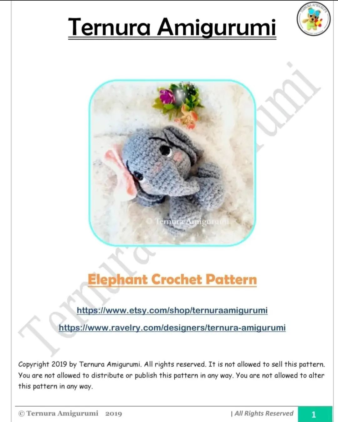 free pattern gray elephant wearing pink bow.