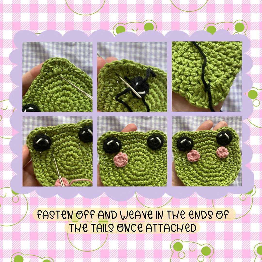 Green frog crochet pattern with black eyes and pink cheeks